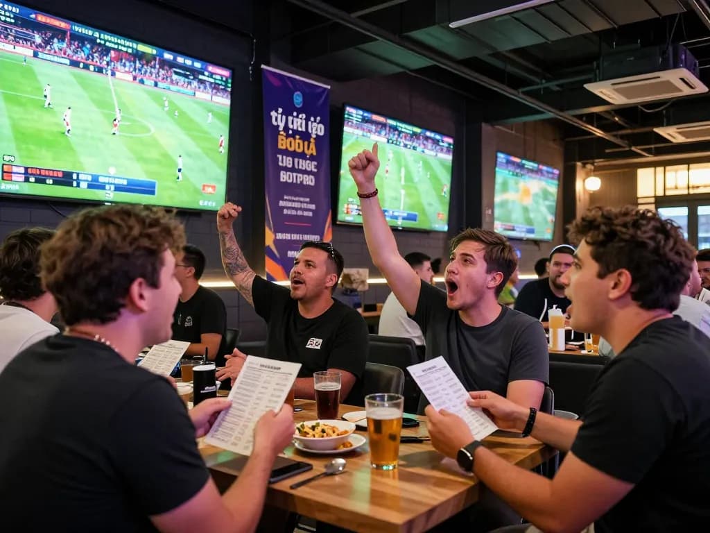 Engaging sports betting venue showcasing tỷ lệ kèo bóng đá odds during a thrilling football match.