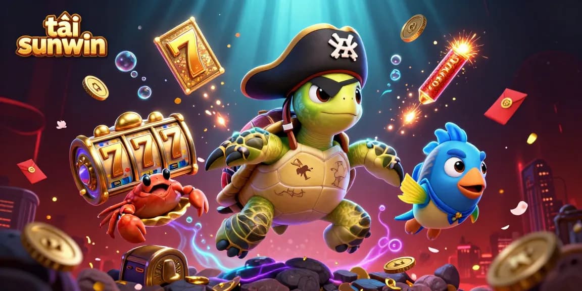 Spin to win big at tải sunwin, featuring a vibrant 3D scene with a pirate turtle, crab, and parrotfish.