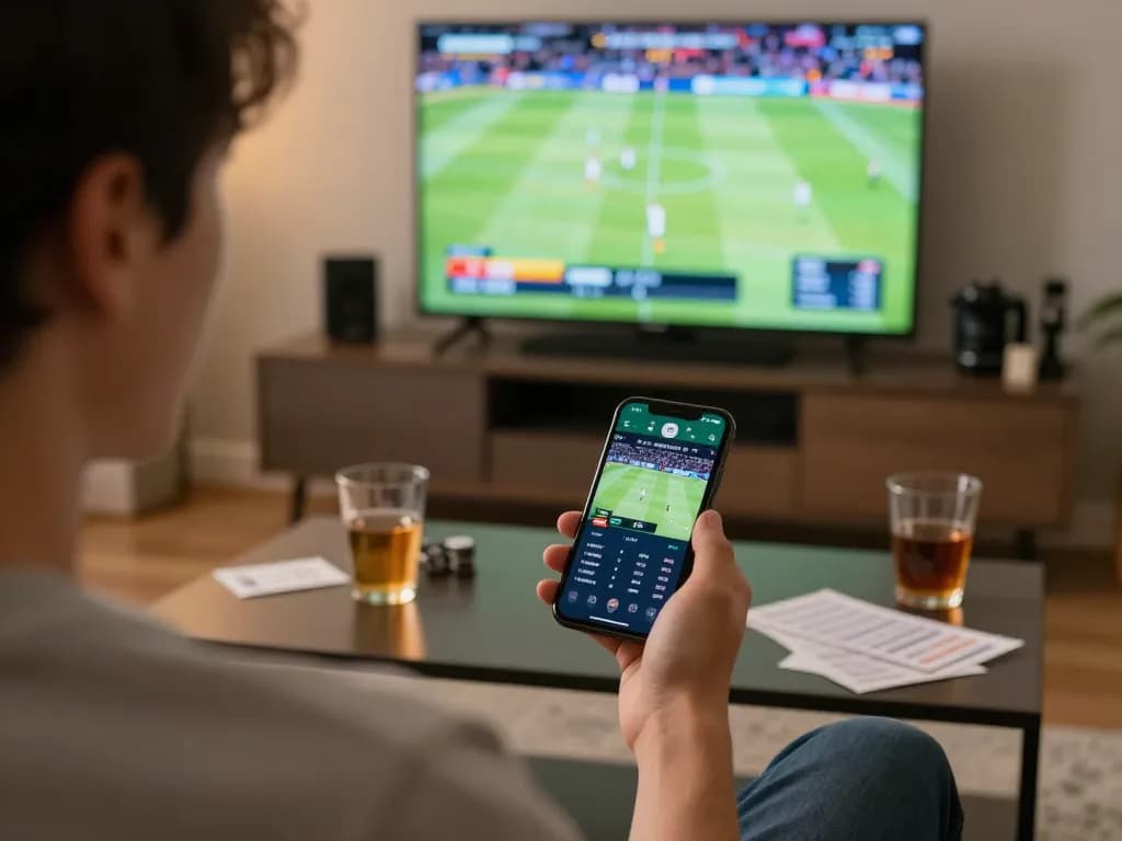 Excited sports bettor tracking live odds on smartphone for nk88 with game in background.