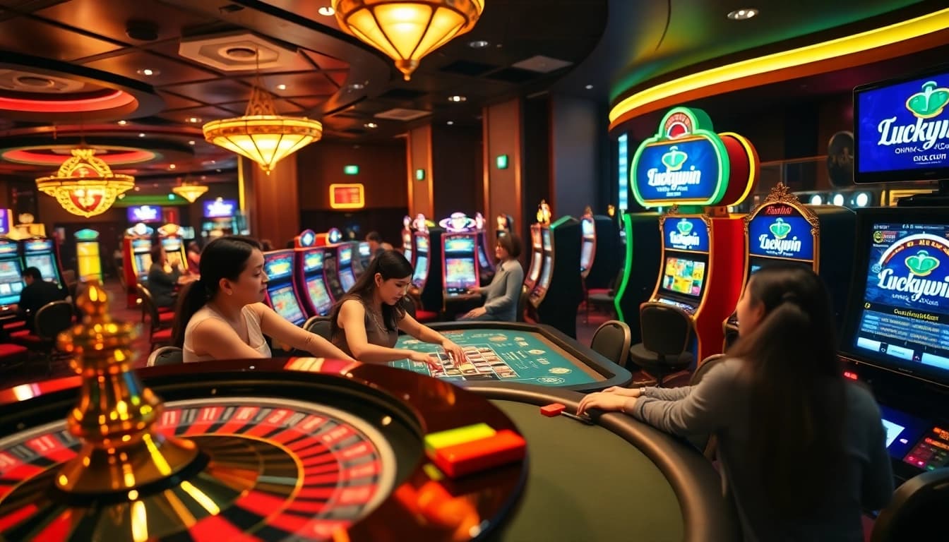 Luckywin casino scene showcasing players at slot machines and a roulette table, embodying excitement and luxury.