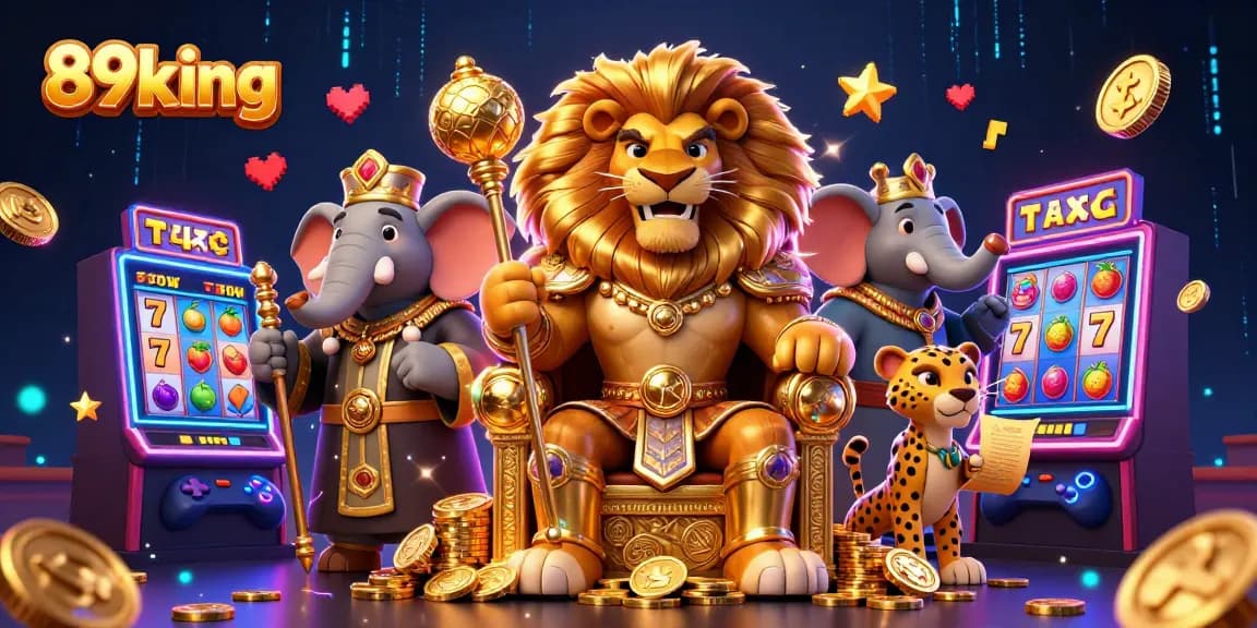 Experience 89king's vibrant casino world featuring a lion king, elephant advisor, and cheetah messenger in a dynamic gaming scene.