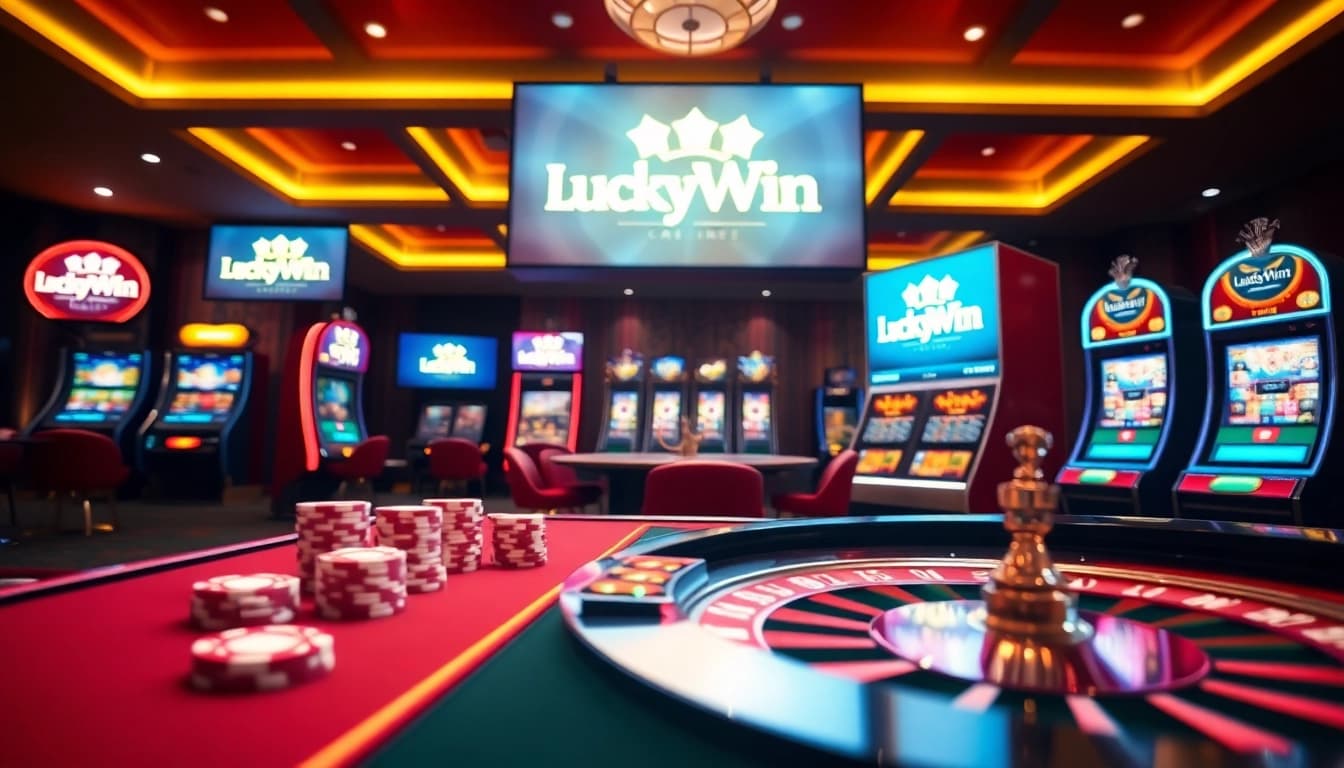 Experience thrilling gameplay at LuckyWin's luxurious online casino with vibrant slot machines and poker tables.