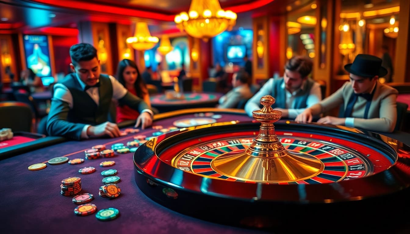 Players enjoying lively roulette at KK55 casino with colorful chips and vibrant ambiance.