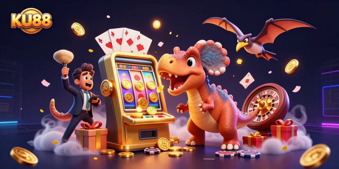 KU88 casino action with cartoon dinosaurs and a slot machine in a vibrant 3D illustration.