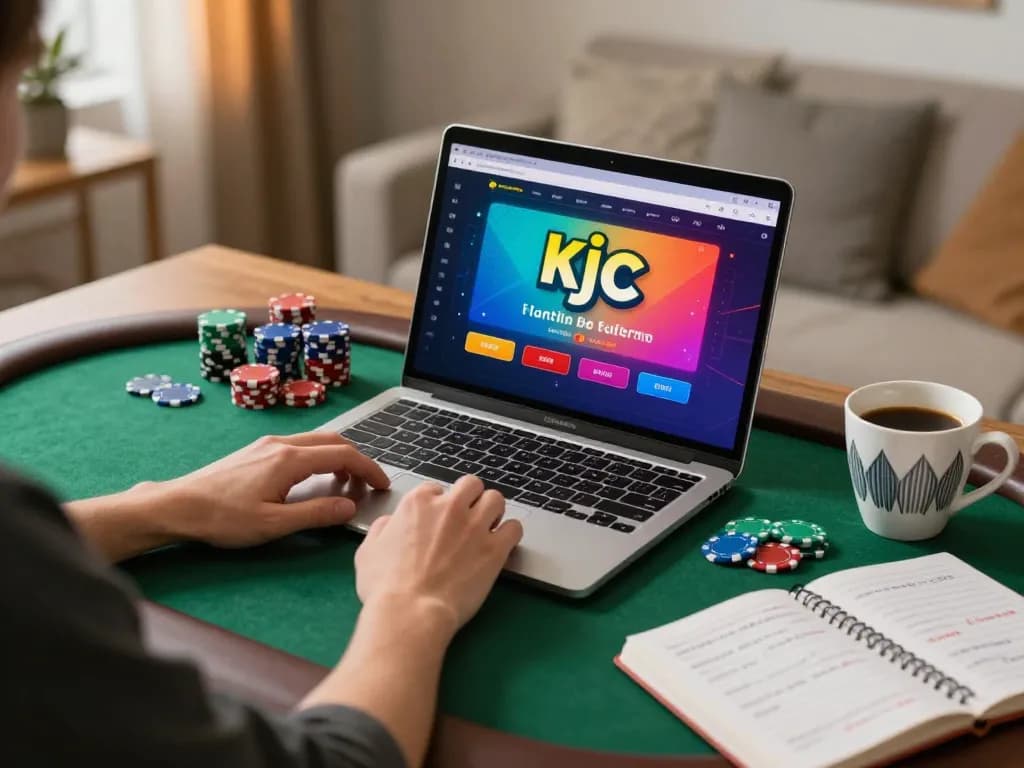 Person using the link kjc platform on a laptop for an engaging online poker session, showcasing vibrant graphics and a cozy setup.