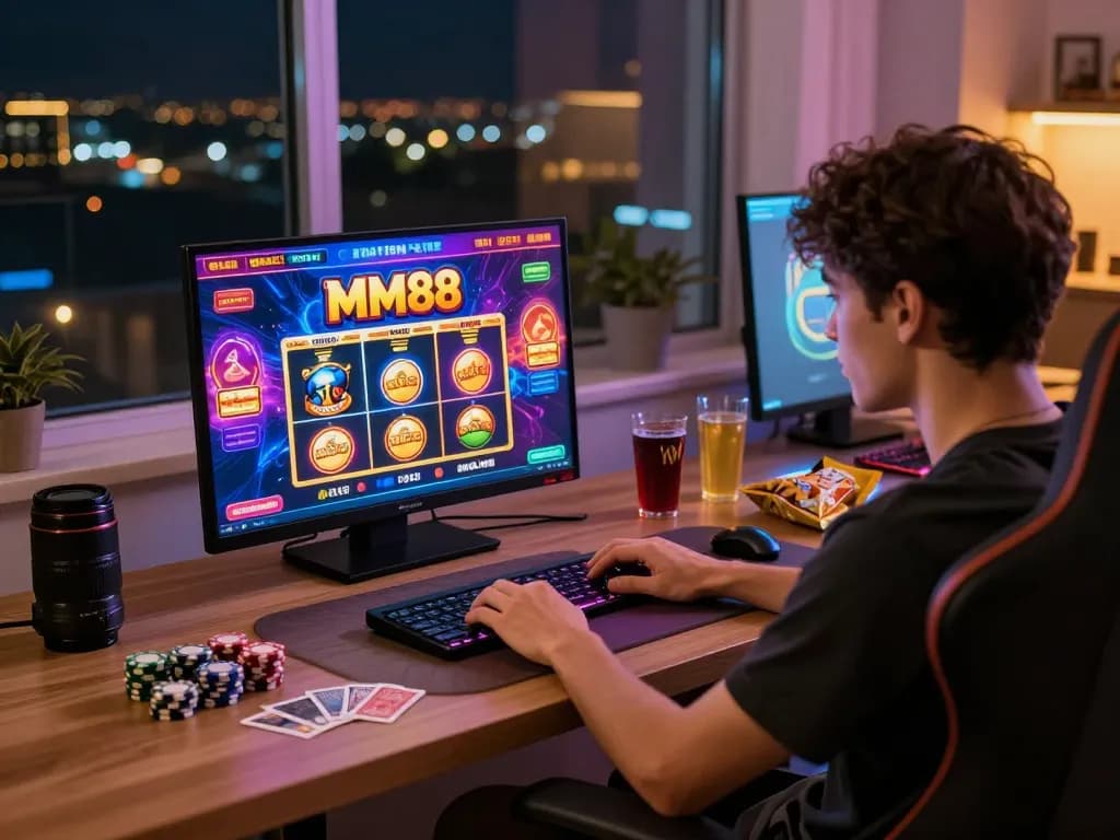 Engaging gamer focused on MM88 online platform in a modern gaming setup.