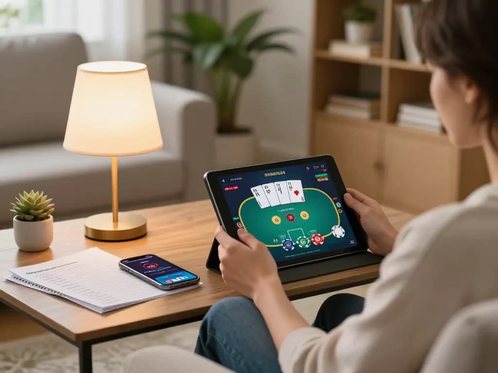 OPEN88 player enjoying online poker on a tablet in a cozy home setting with strategy notes.