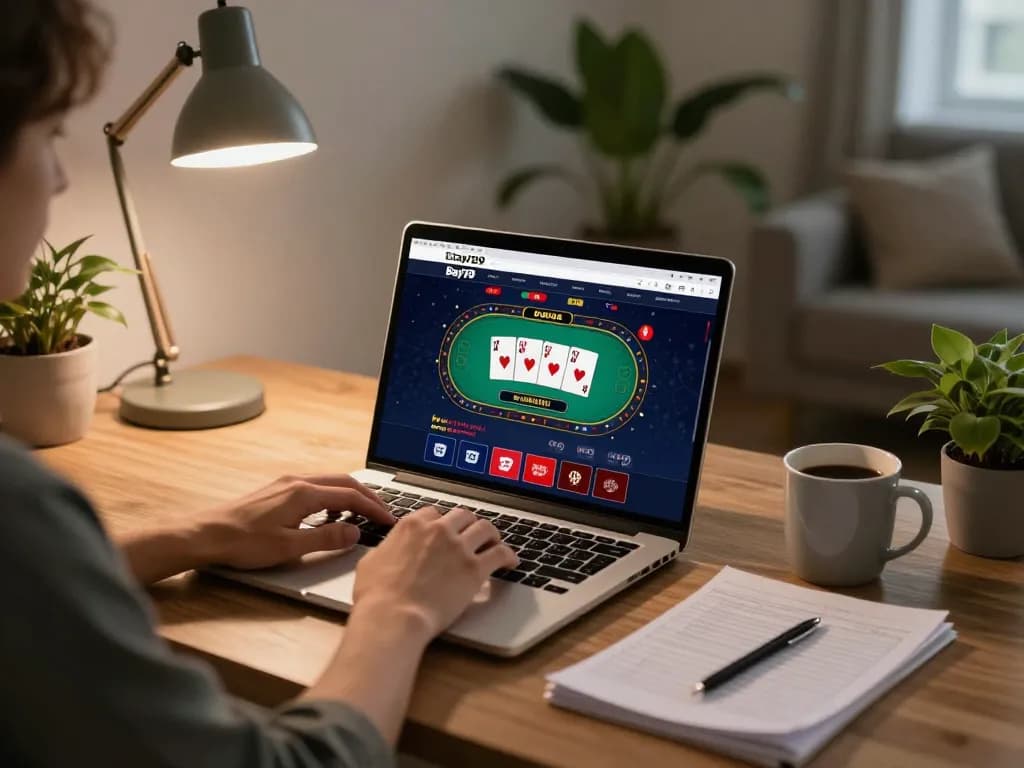 Engaging online player at Bay789 platform with poker cards visible on laptop screen.