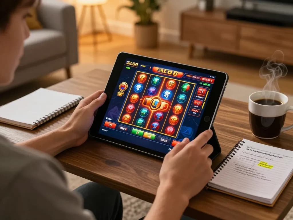 Player engaging in ALO8 online casino gaming on a tablet while practicing strategic bankroll management.