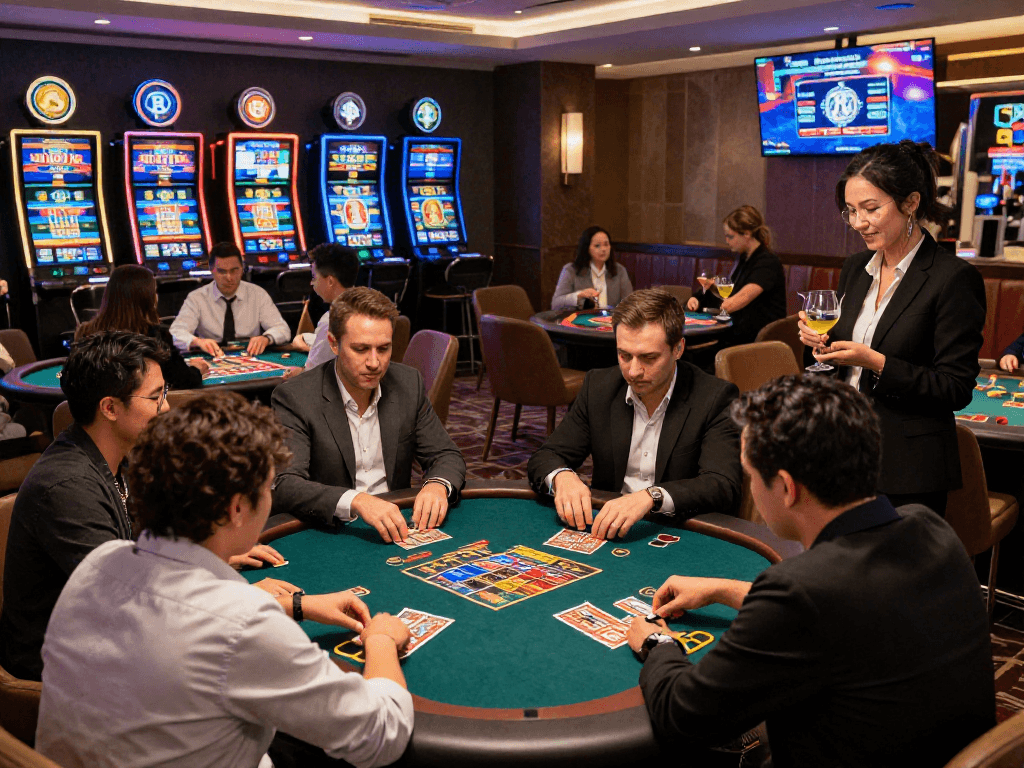Crypto casino with diverse players enjoying vibrant gaming tables and high-tech slot machines in a modern setting.