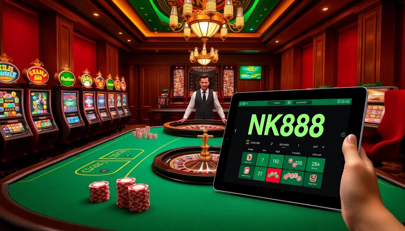 NK88 casino scene with professional dealer and colorful poker chips creating an exciting atmosphere