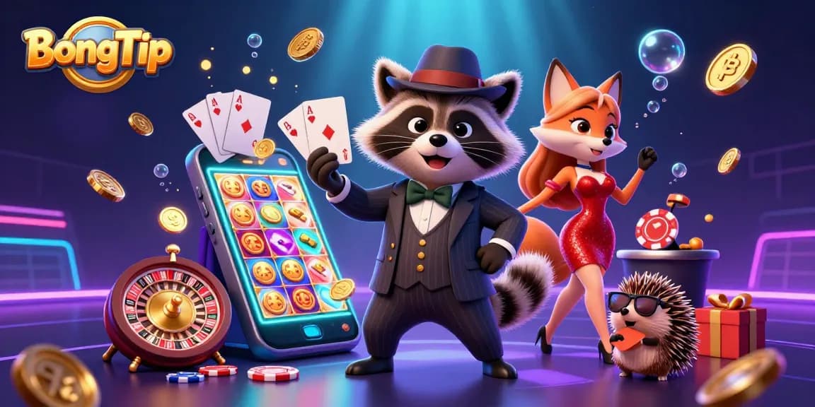 BongTip delights players with a charming raccoon and fox in a lively casino atmosphere, celebrating wins.
