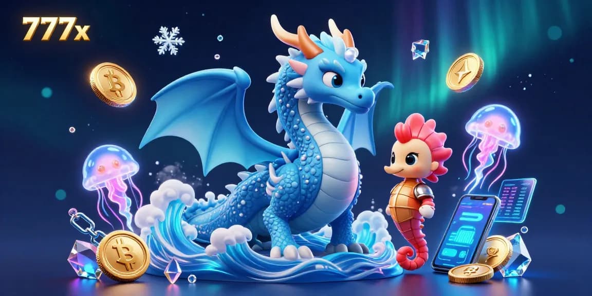 Engage in thrilling online casino play with 777x, featuring a 3D dragon and vibrant crypto elements.