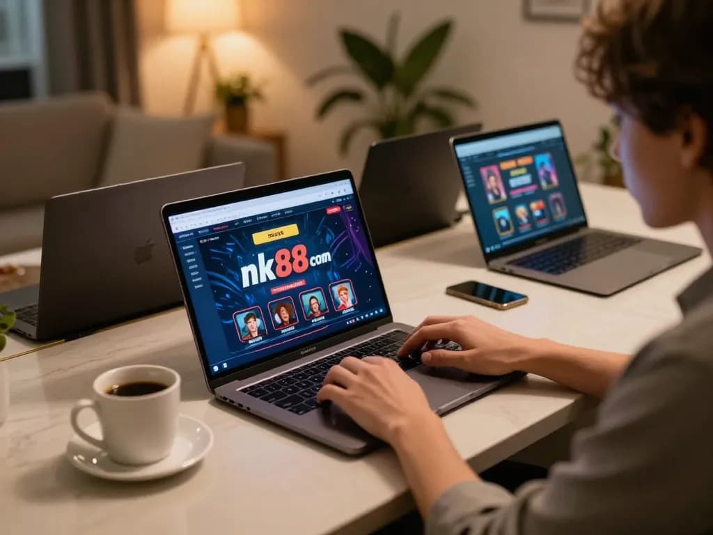 Engaging in online gaming at nk88 com with vibrant casino interface on laptop