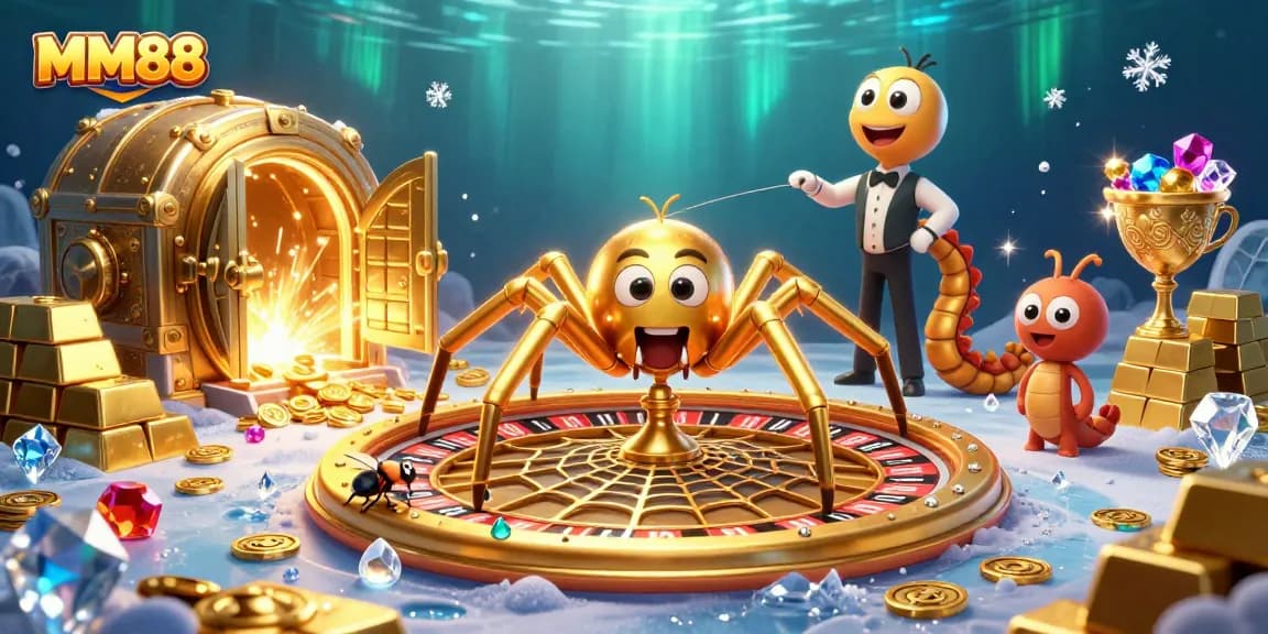 Engage in thrilling bets at MM88 with a golden spider spinning a roulette wheel and an entertaining backdrop.