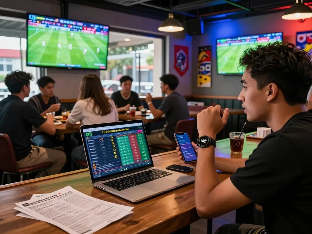 Engaging scene of a bettor analyzing tỷ lệ kèo nhà cái 5 in a vibrant sports bar during a live football match.