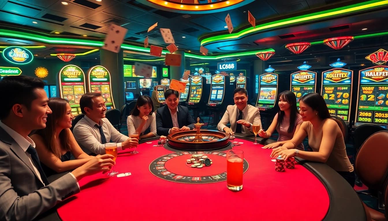 Engaging gamblers playing poker at a stylish casino with visuals from https://lc88comm.com/ highlighting excitement and winning.