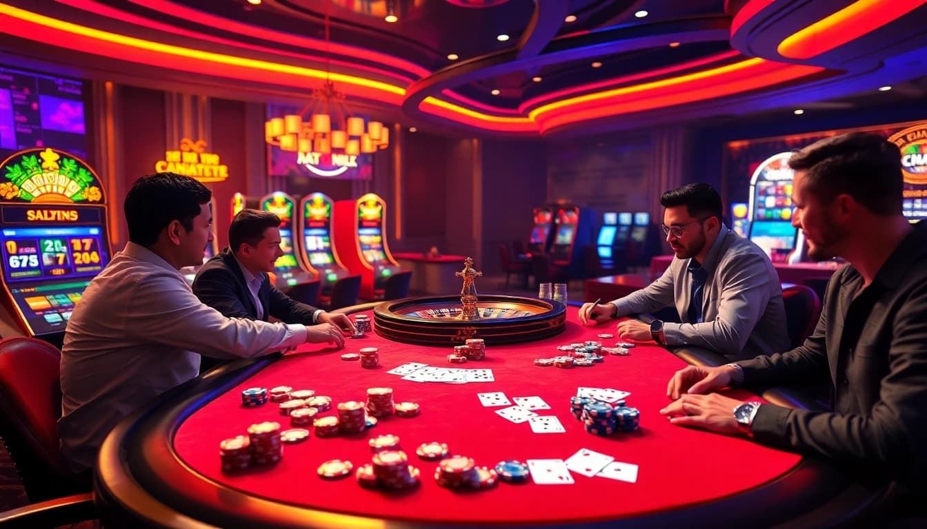 Engage in the excitement of Đăng Ký Nhà Cái 68VIP at a vibrant casino table with poker chips and cards.