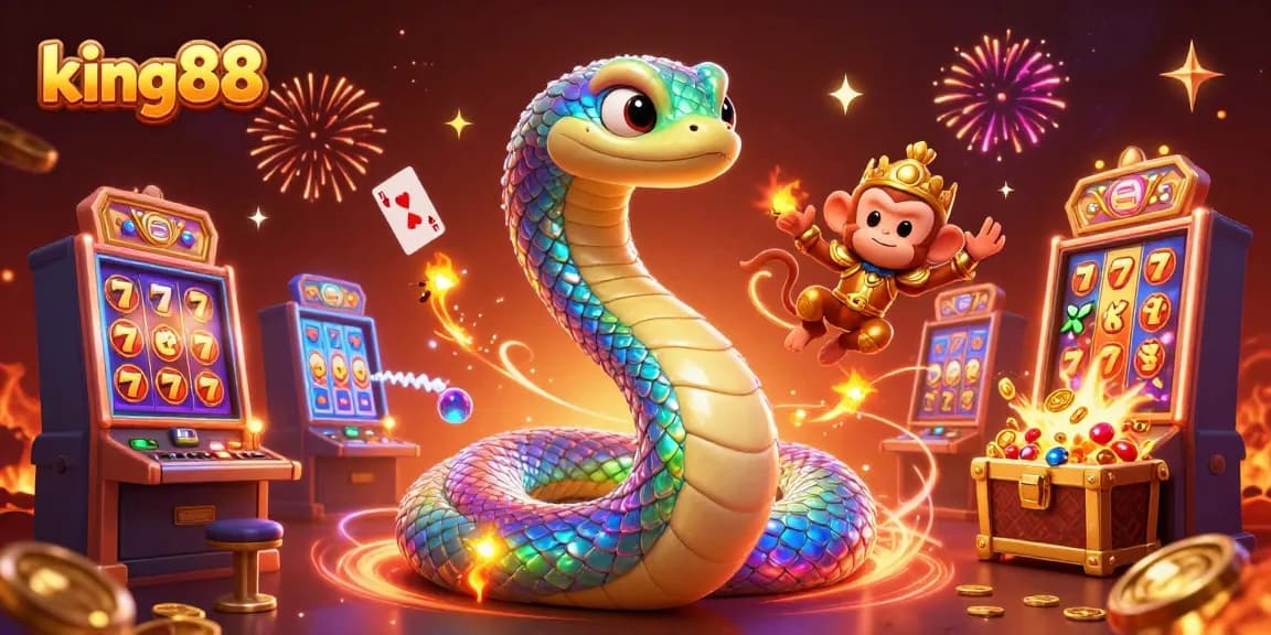 Win big at King88 with a vibrant 3D casino scene featuring slot machines and a mystical rainbow serpent.
