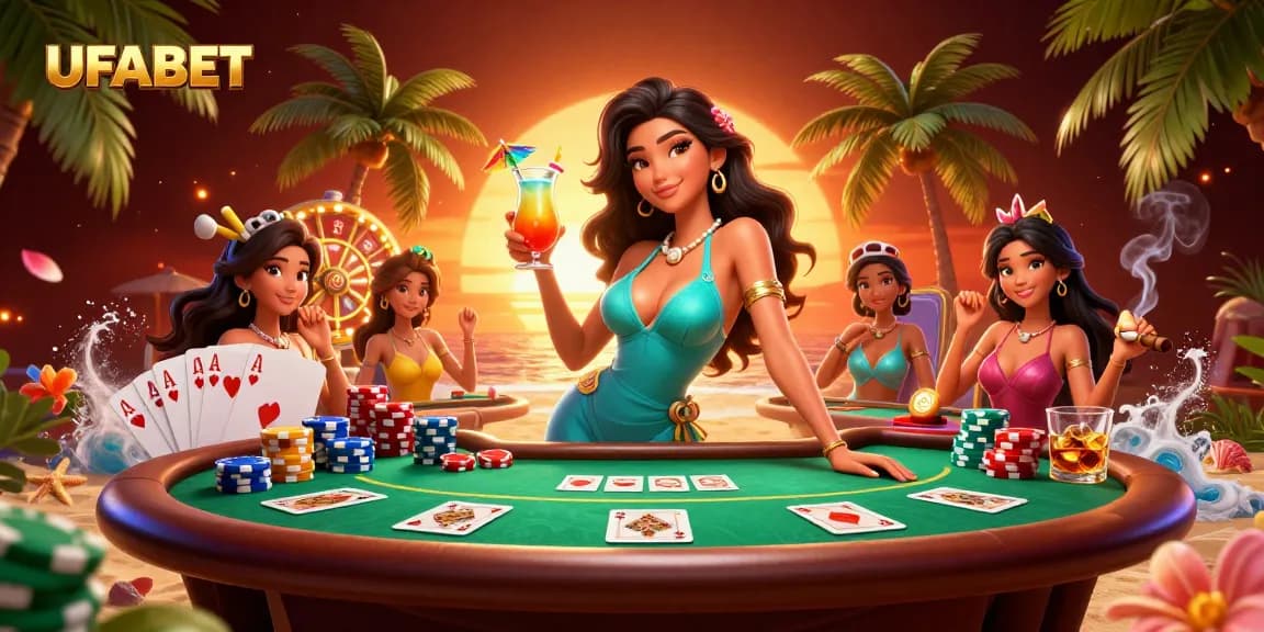 Experience UFABET's thrilling casino ambiance with a glamorous character enjoying vibrant games and prizes.