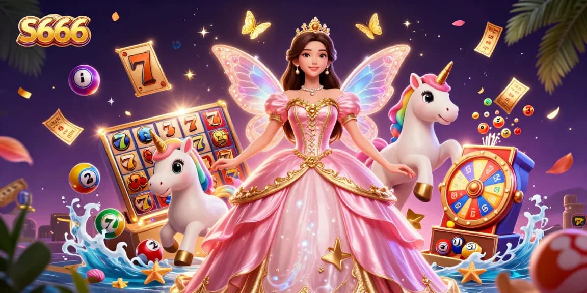 S666 casino scene engaging users with vibrant slot game elements, a golden unicorn, and a glamorous woman.