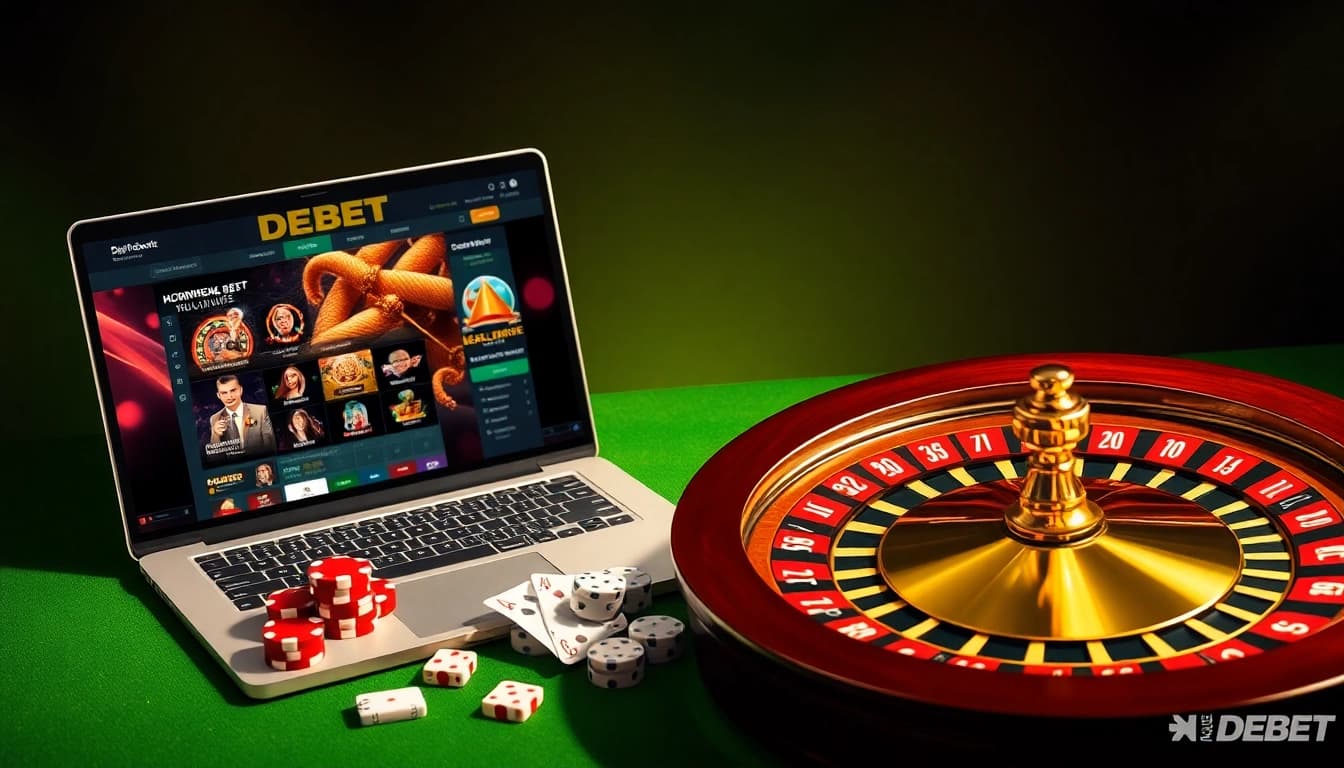 Experience the excitement of Nhà Cái DEBET with an elegant online casino setup featuring poker chips and a roulette wheel.