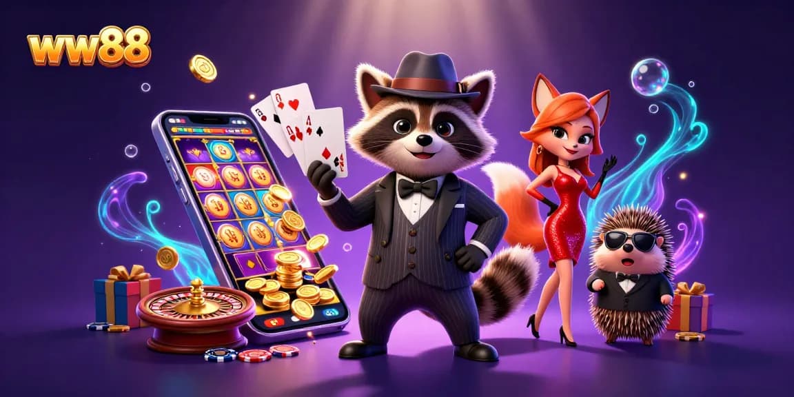 Win big at ww88 with gambling characters and vibrant casino graphics in a dynamic scene.