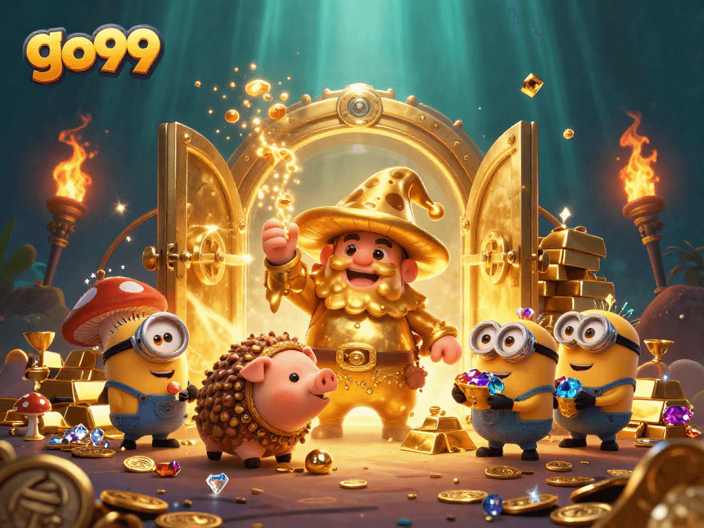 Experience exhilarating play at go99 with a wizard transforming treasures and gems in a vibrant casino scene.