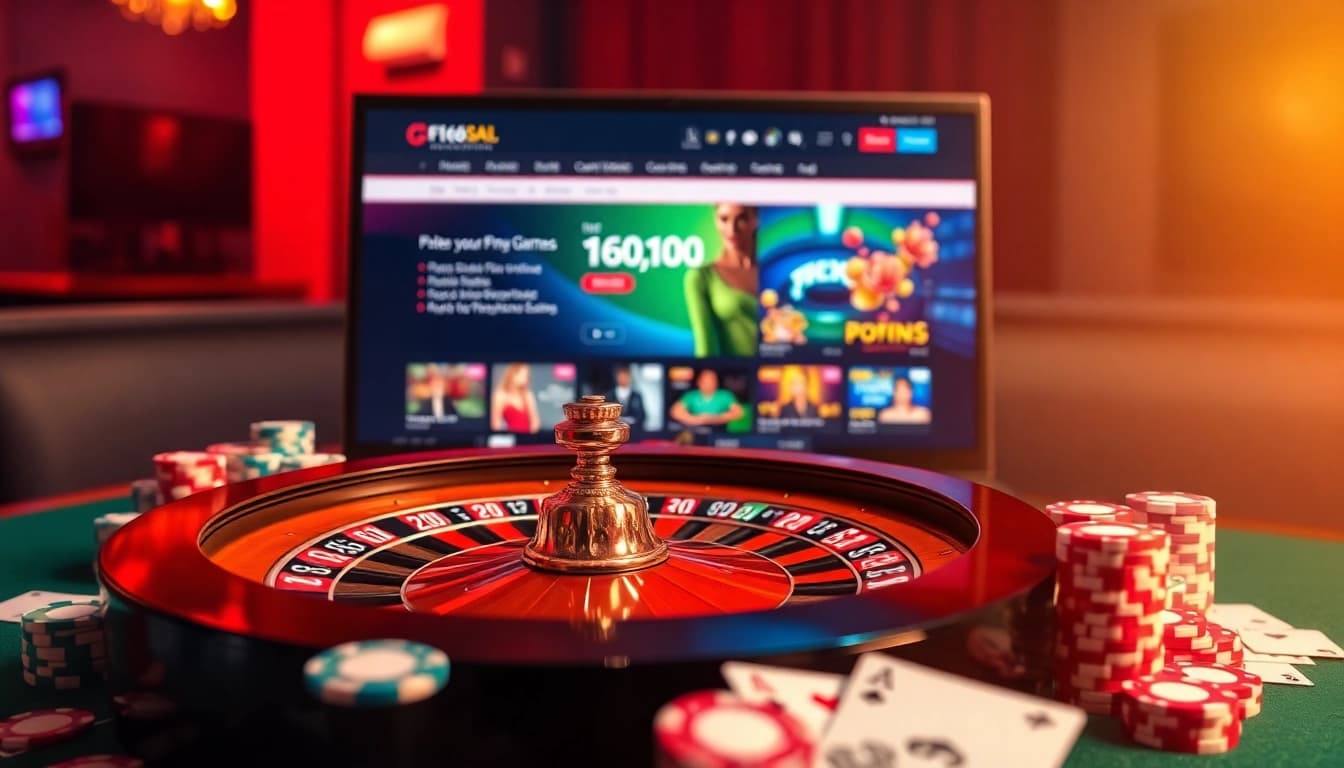 Experience an exciting moment at https://f168.sarl/ with a roulette wheel, poker chips, and vibrant casino visuals.