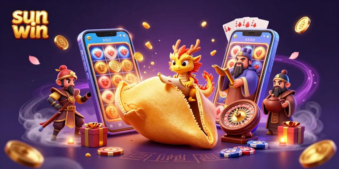 Experience sun win with a golden fortune cookie revealing riches in this vibrant casino scene.