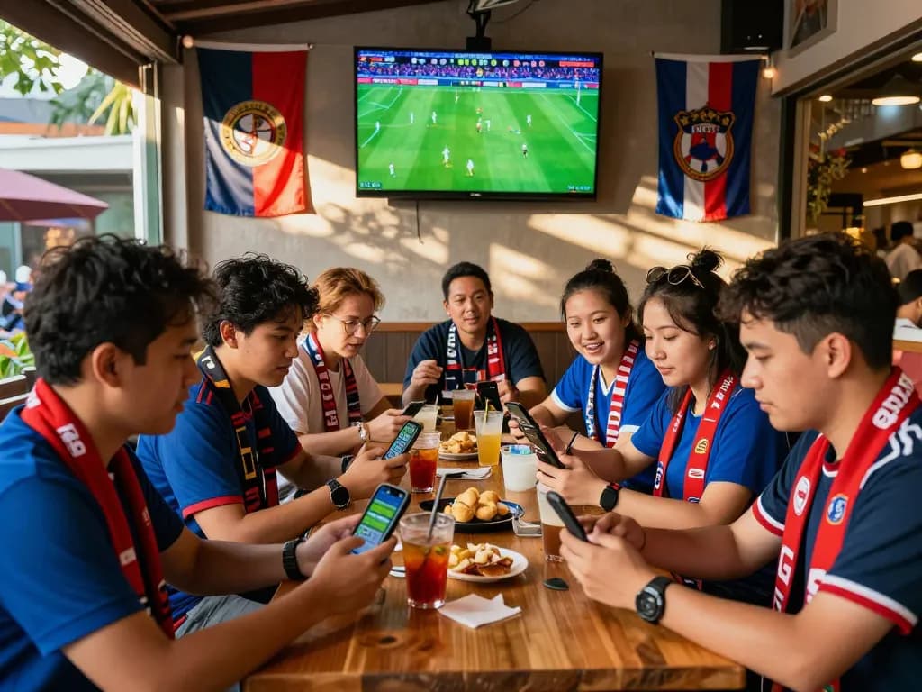 Excited fans discussing kèo bóng đá at a lively café during a football match.