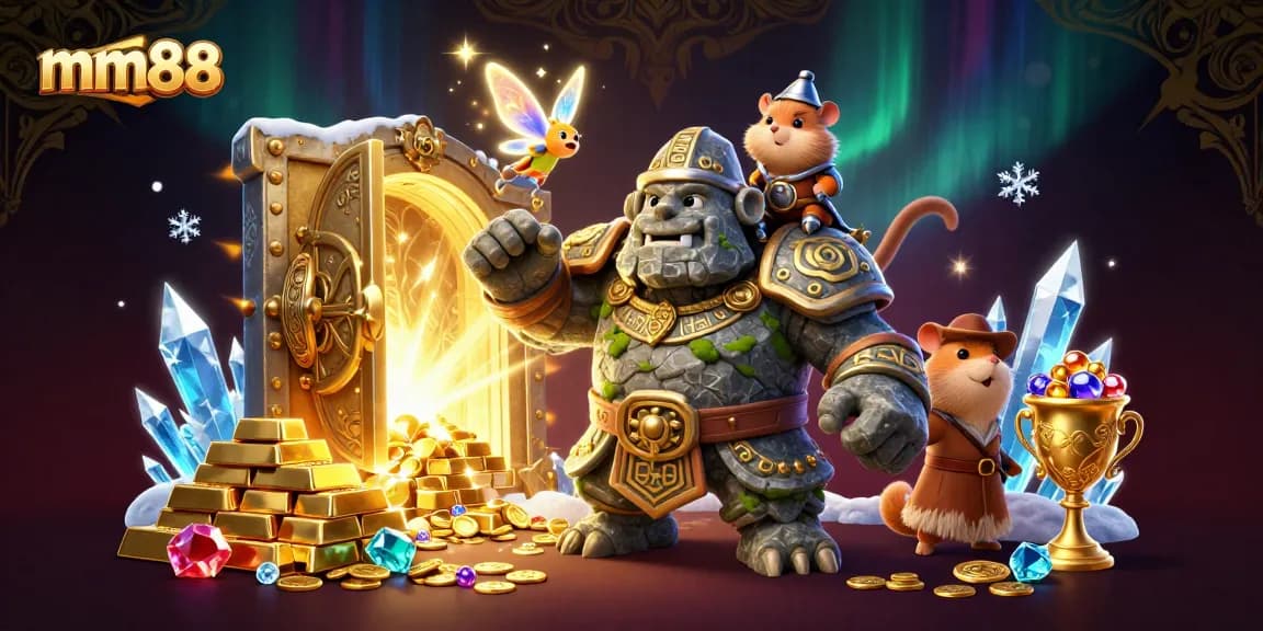 Engage in thrilling gameplay at mm88 with a magical scene featuring a golem, fairy, and hamster knight.