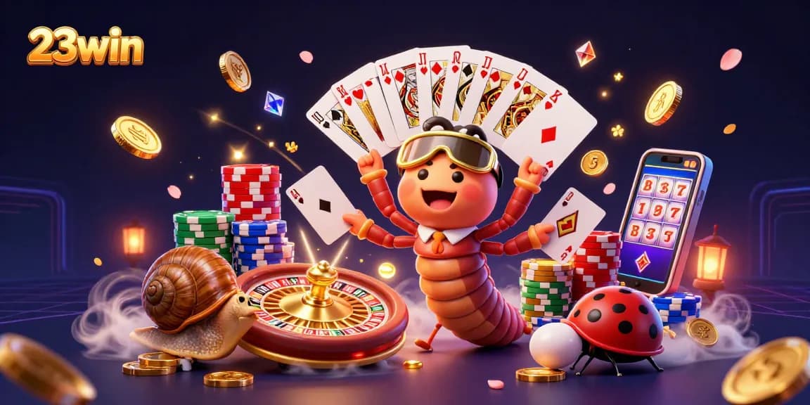Experience thrilling gameplay at 23win with a vibrant casino scene of characters and games.