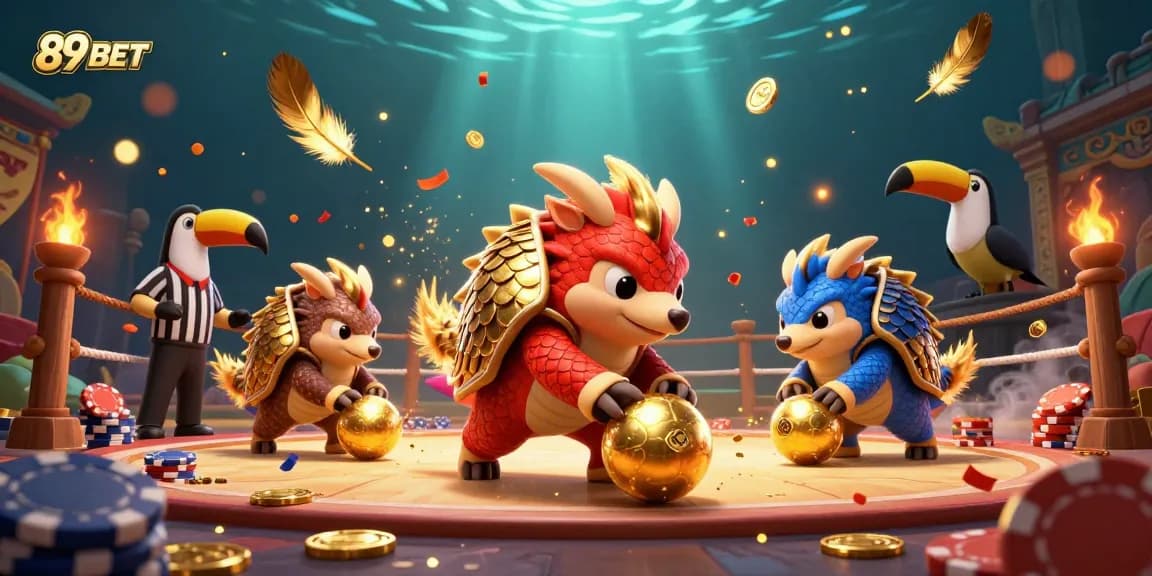 Experience jackpot thrills with 89BET's pangolins rolling golden balls among a vibrant casino scene.