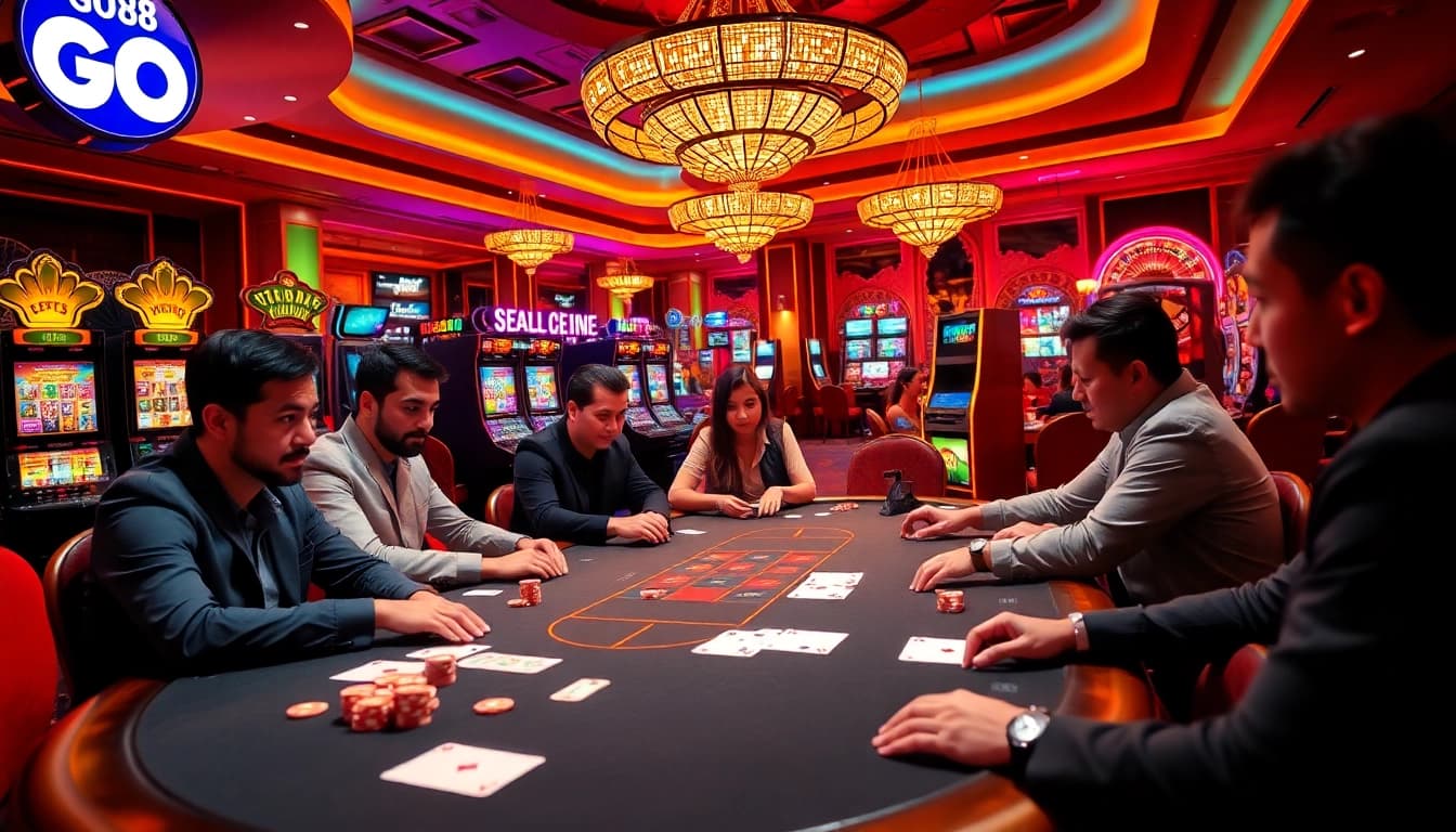 GO88 players enjoying an exciting poker game in a vibrant luxury casino atmosphere.