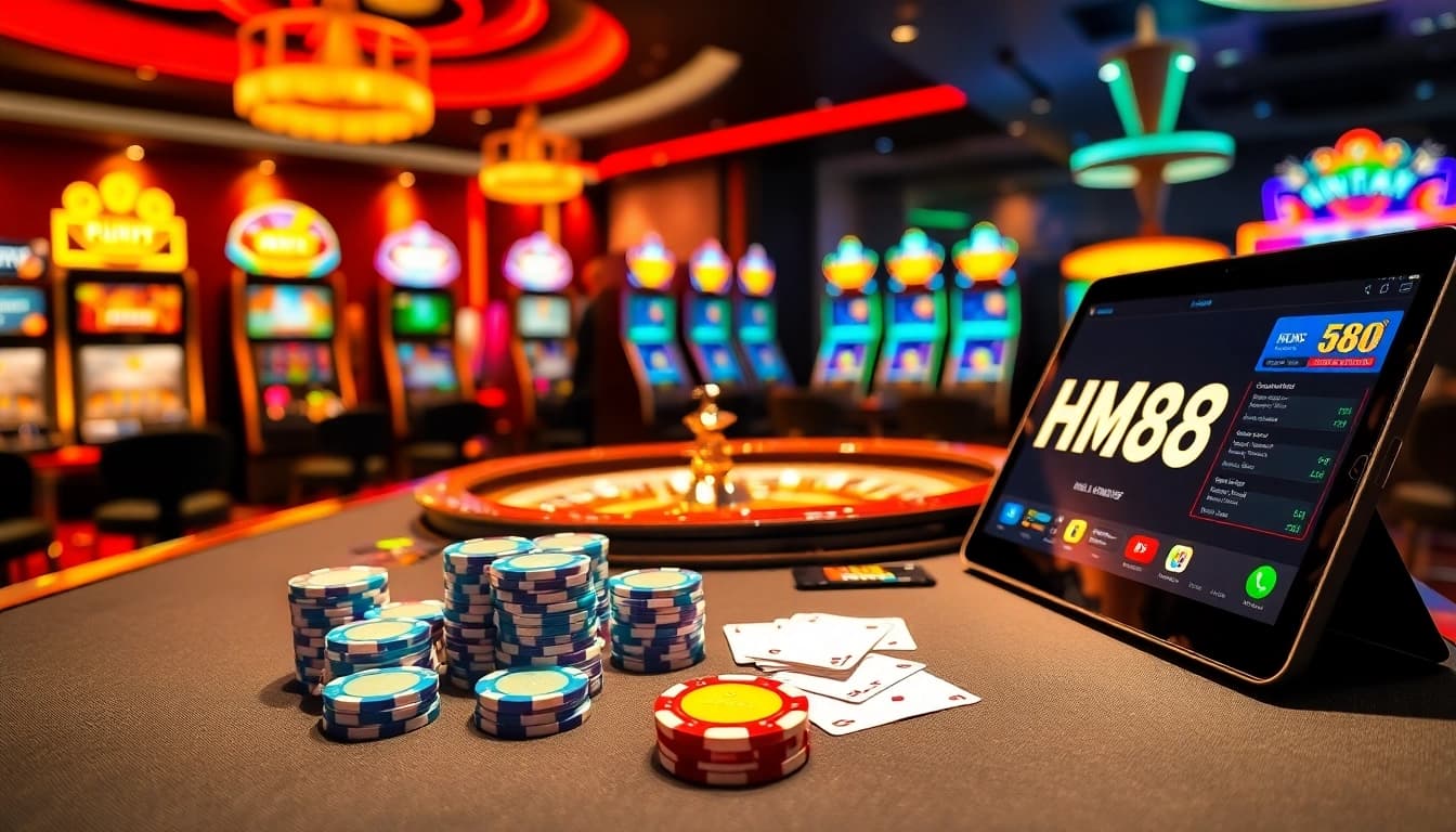 Experience the thrill of betting at HM88 Casino with poker chips and a roulette wheel.