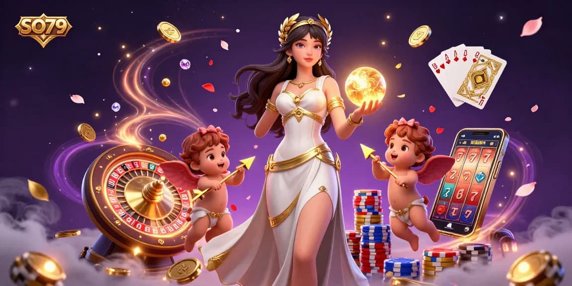 Engage in thrilling casino adventures with SO79, featuring a goddess amidst dazzling game elements and golden coins.