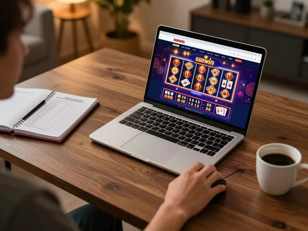 Engage with sunwin slot games on your laptop in a cozy home office atmosphere