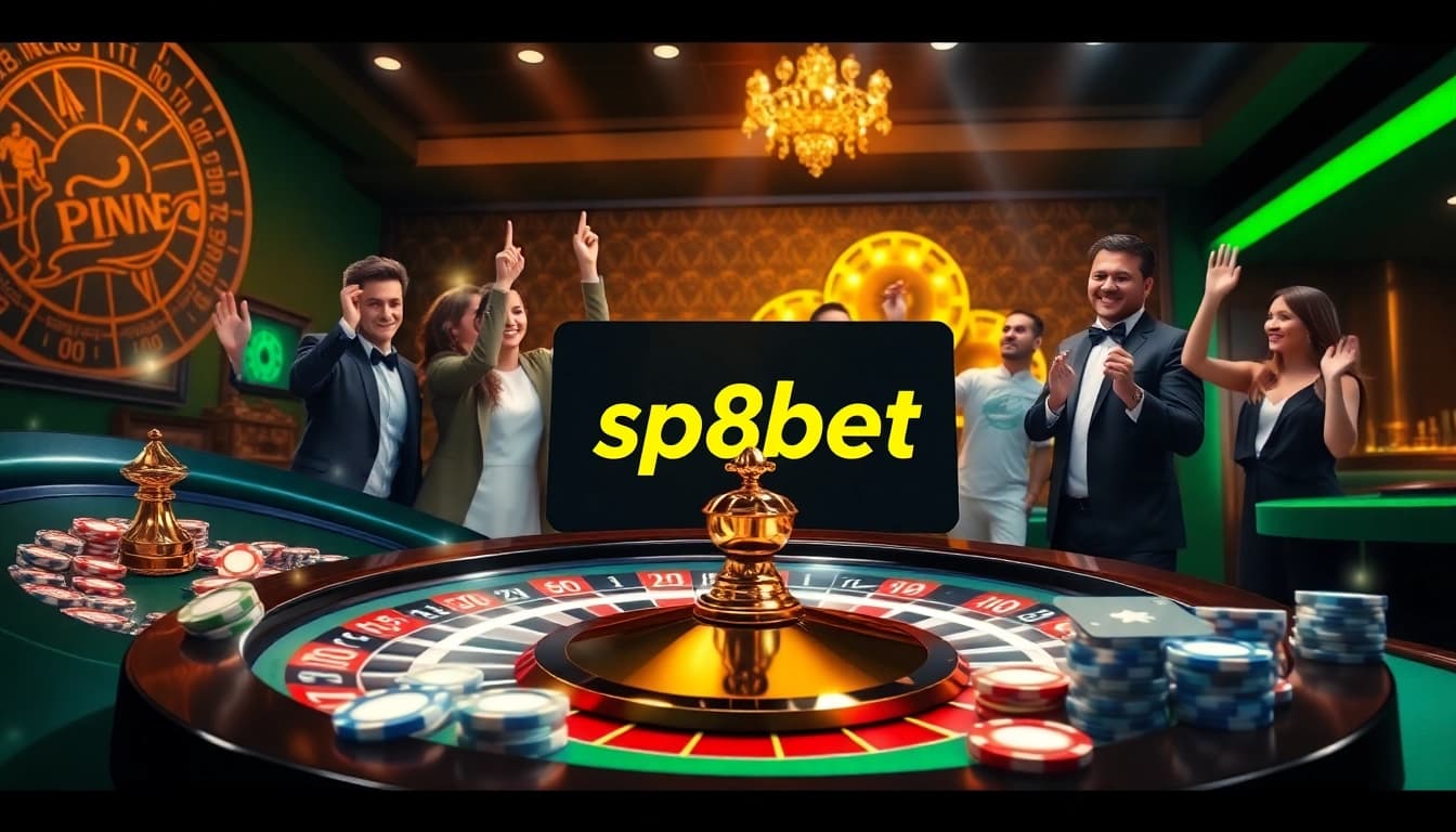 Players enjoying an exciting game at sp8bet, showcasing poker chips and a roulette wheel.