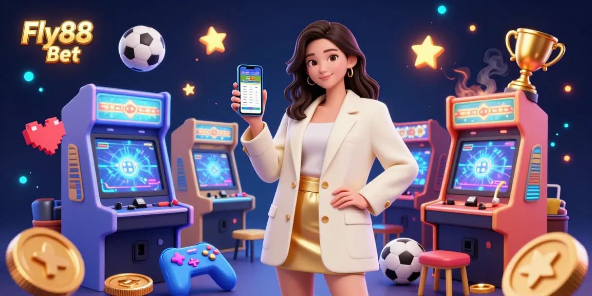 Experience the excitement of Fly88 Bet with a photorealistic scene showcasing an Asian woman engaging with a sports betting app amidst vivid gaming elements.