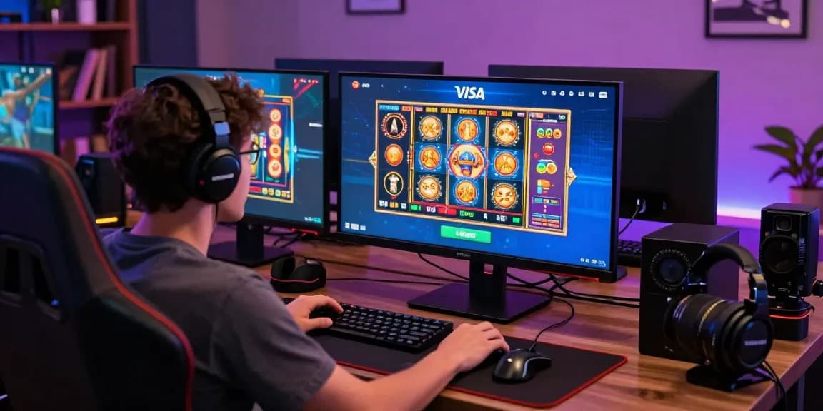 Exciting gaming scene showcasing a player at credit card casinos enjoying dynamic slot games with vibrant lights and gaming accessories.