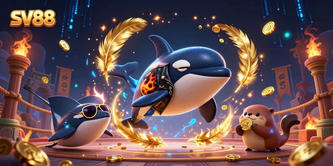 Experience the thrill of SV88 with a vibrant casino-themed illustration featuring winning sea creatures.