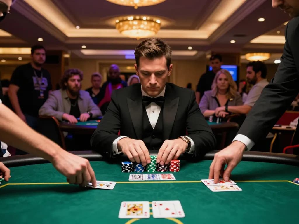 LV88 poker player with royal flush in luxurious casino environment, showcasing high-stakes excitement.
