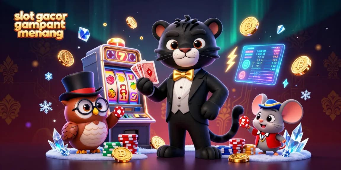 Play and win big at slot gacor gampang menang with a fun illustration of a panther dealer and lucky characters.