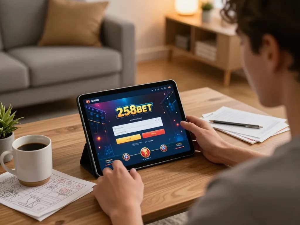 Engaging gameplay on 258bet com login interface displayed on tablet in cozy home setting.