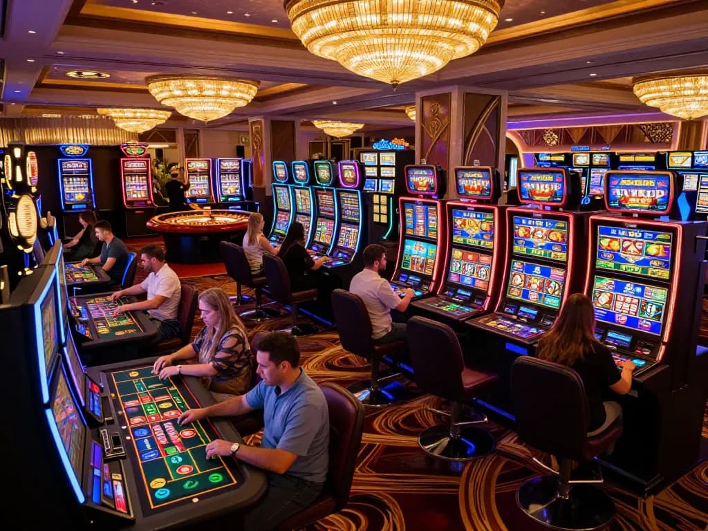 Players enjoying vibrant slot machines at LV88 casino during a thrilling night of gaming