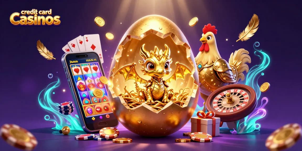 Experience the thrill at credit card casinos with golden dragons, poker chips, and slot games!