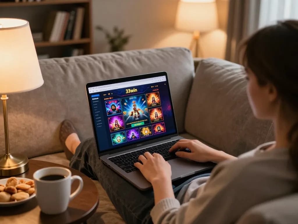 Person using the 33win gaming platform on a laptop while enjoying a cozy home atmosphere.