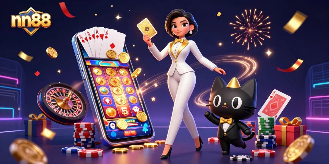 Engage in thrilling gameplay with nn88, featuring a glamorous dealer and a charming tuxedo cat.