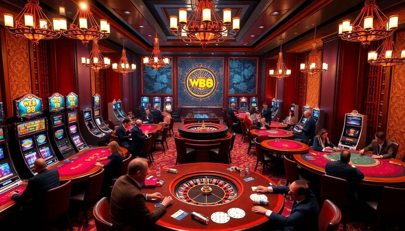 A vibrant casino scene at WE 88 with players enjoying poker and blackjack on elegant tables.